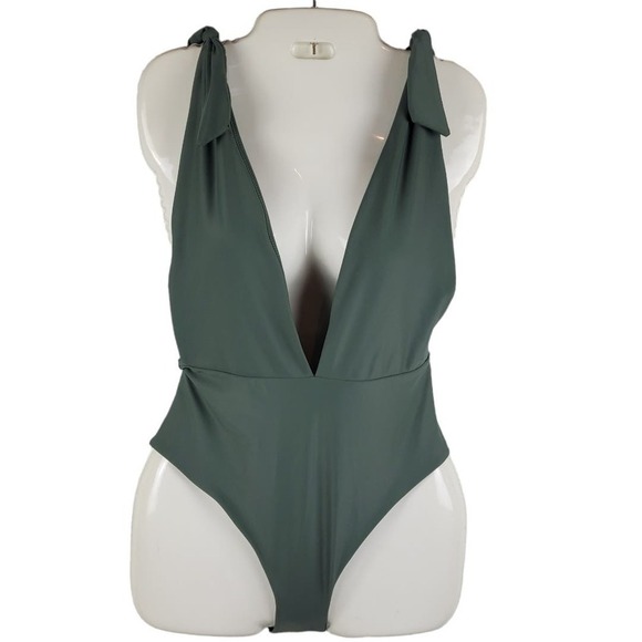 Aerie One Piece Deep V-Neck Plunge Sage Swimsuit Size Medium - Picture 1 of 8